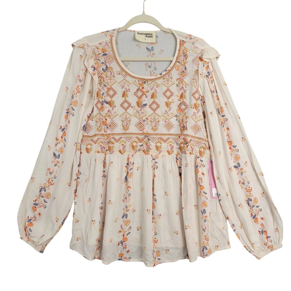 NWT SAVANNA JANE 19951 Ivory Geometric Floral Embroidered Top Fairy SIZE SMALL